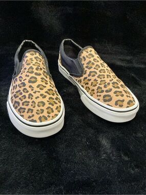 Vans Asher Deluxe Slip-On Sneakers in Leopard Print Tan and Black Size 7.5